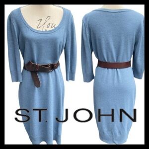 Vintage St. John Collection Knits Blue Scoop Neck 3/4 Sleeve Knit Dress (L/XL)